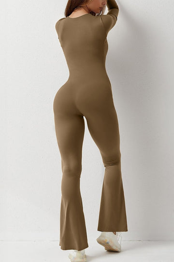 KATCH ME Coffee Sports Square Neck Long Sleeve Seamless Shaping Flared Jumpsuit Jumpsuit
